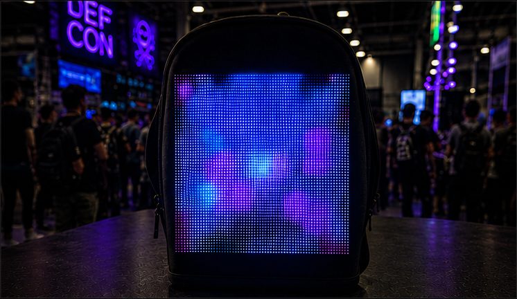 The rF Backpack standing on a table in a crowded DEF CON hall, its 64×64 LED panel glowing with a blue and magenta fluid simulation.
